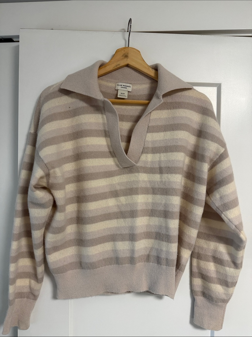 Club Monaco Striped V-Neck Collared Sweater in Cream & Taupe